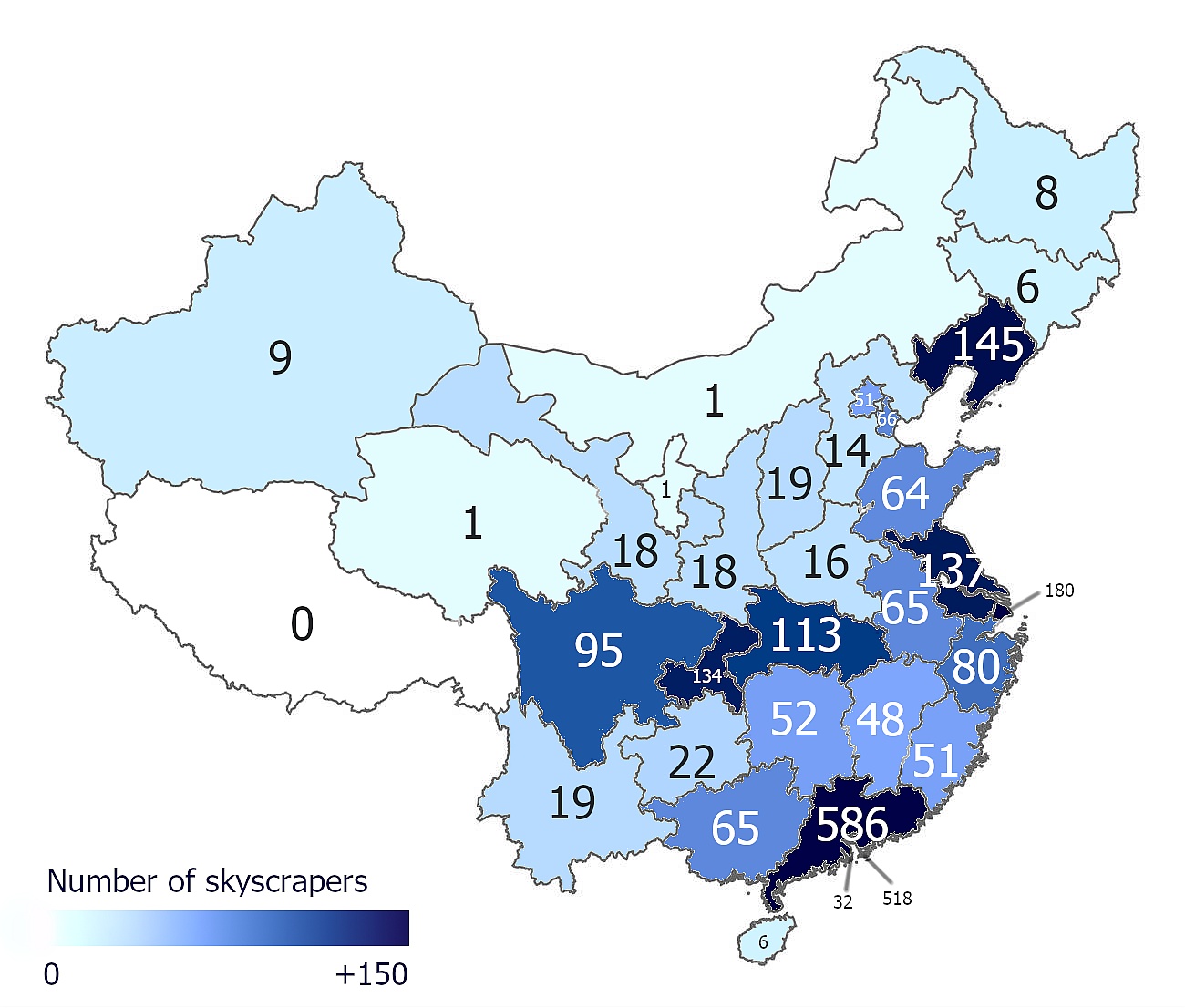 Liczba wieżowców (powyżej 150 metrów) w poszczególnych chińskich prowincjach, 2021