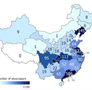 Liczba wieżowców (powyżej 150 metrów) w poszczególnych chińskich prowincjach, 2021