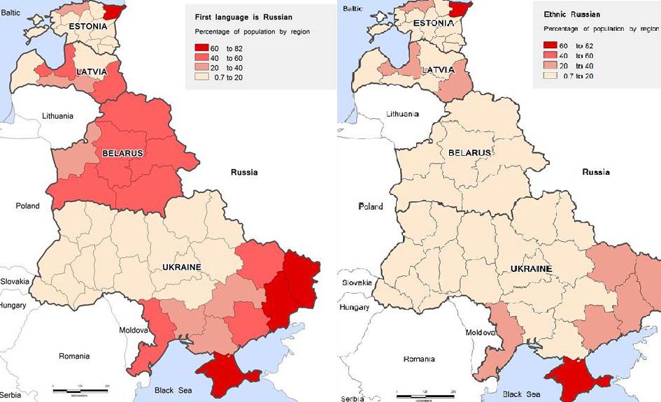 Odsetki ludności rosyjskojęzycznej i etnicznych Rosjan według regionów krajów europejskich graniczących z Rosją