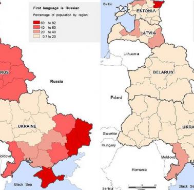 Odsetki ludności rosyjskojęzycznej i etnicznych Rosjan według regionów krajów europejskich graniczących z Rosją