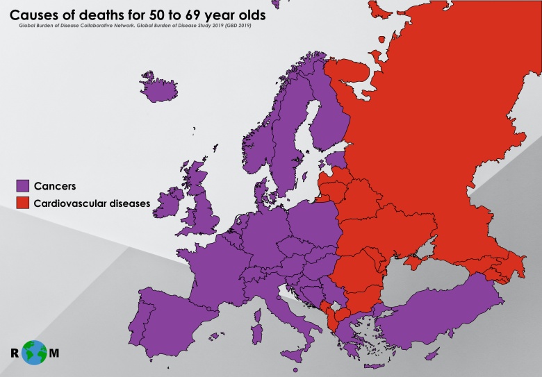 Najczęstsze przyczyny zgonów osób w wieku od 50 do 69 lat w Europie, 2019