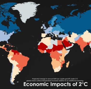 Kraje które zyskają i kraje które stracą w wyniku zmian klimatycznych (wzrost średniej temperatury o 2 stopnice Celsjusza)