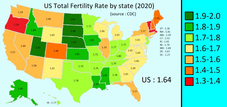 Współczynnik płodności z podziałem na stany USA, 2020
