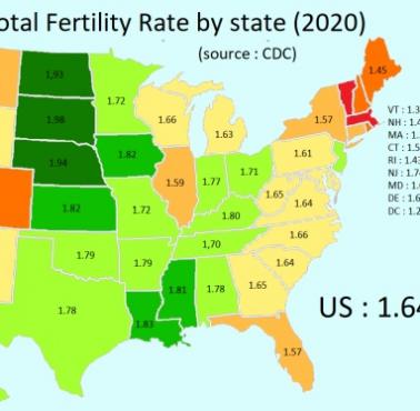 Współczynnik płodności z podziałem na stany USA, 2020