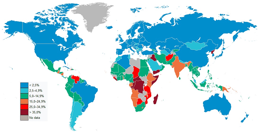 Kraje według odsetka populacji cierpiącej na chroniczny głód (2021, Światowy Program Żywnościowy)