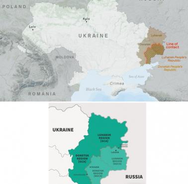 Mapa Ługańska i Doniecka (ukraińskie separatystyczne regiony uznane przez Rosję za niepodległe państwa)