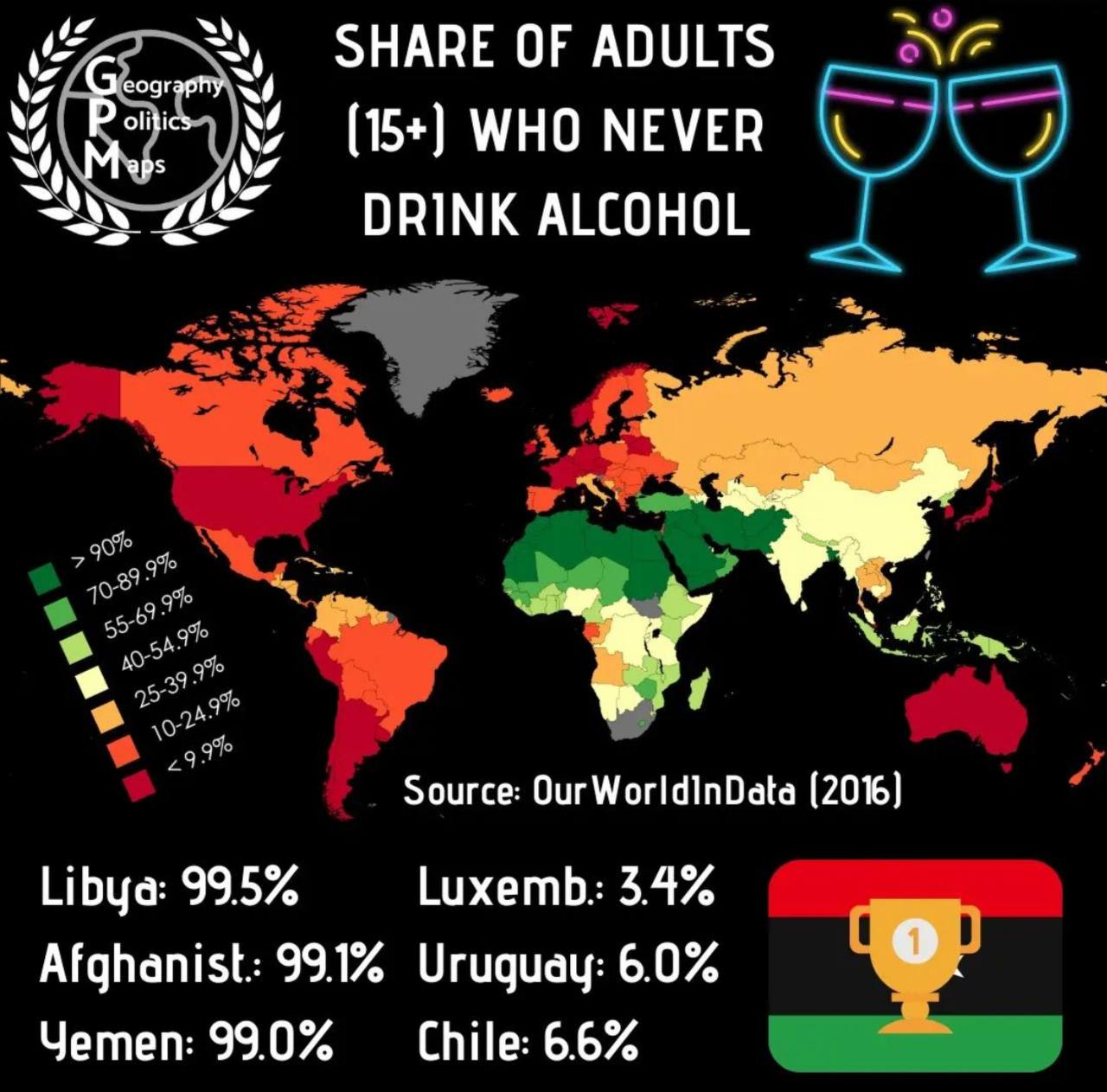 Odsetek osób dorosłych (więcej niż 15 lat), które nie piją alkoholu, 2016
