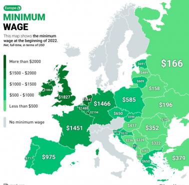 Mapa minimalnych płac (płaca minimalna) w Europie, 2022