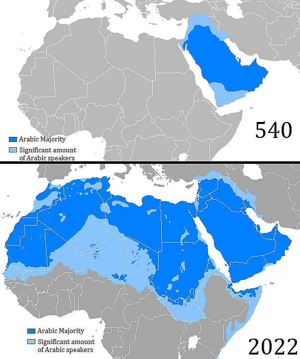 Rozpowszechnienie języka arabskiego w 540 roku n.e. i współcześnie 2020