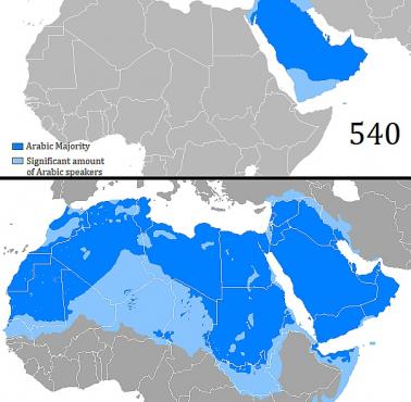 Rozpowszechnienie języka arabskiego w 540 roku n.e. i współcześnie 2020