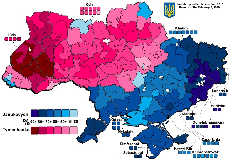 Poparcie w drugiej rundzie wyborów prezydenckich w 2010 roku dla Janukowycza i Tymoszenko