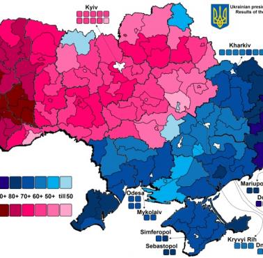 Poparcie w drugiej rundzie wyborów prezydenckich w 2010 roku dla Janukowycza i Tymoszenko