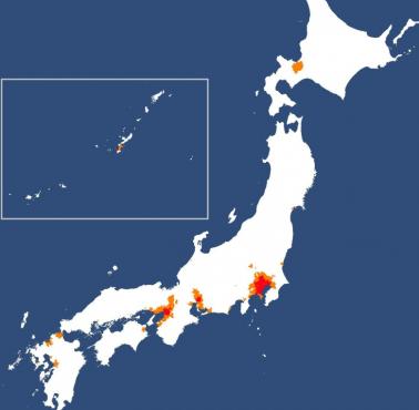 Regiony oznaczone na czerwono lub pomarańczowo zamieszkuje połowa populacji Japonii