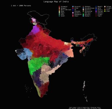 Mapa językowa Indii, 32 języków, którymi posługuje się ponad milion osób