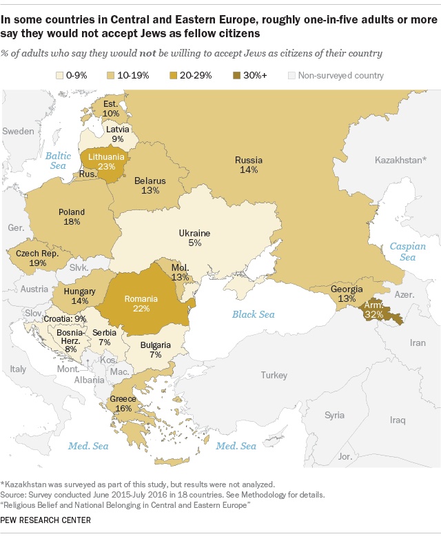Procent Europie Środkowo-Wschodniej gotowych zaakceptować Żydów jako współobywateli