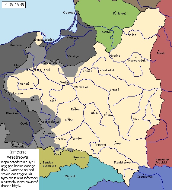 Postępy niemieckiej armii po pierwszych 4 dniach ataku na Polskę, 4.09.1939