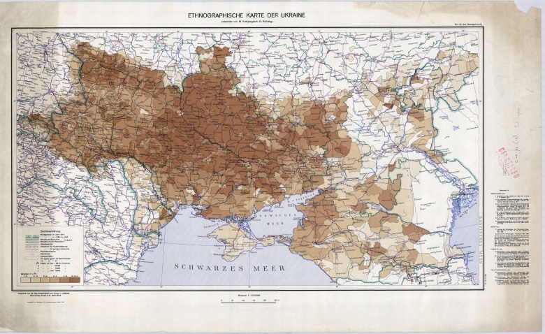 Mapa etniczna Ukrainy z zaznaczeniem dominacji ludności ukraińskiej, 1926-1934 autorstwa W. Kubijowytscha i N. Kulicykyj