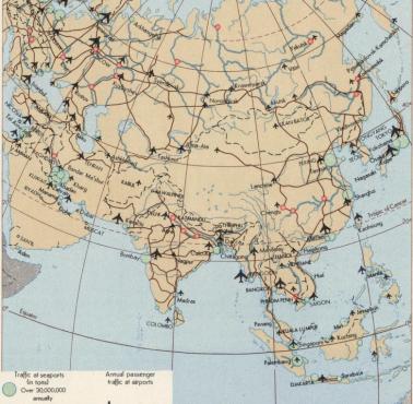 Sieć dróg (główna sieć transportowa: drogowa, kolejowa, śródlądowe drogi wodne, porty, porty lotnicze) w Azji, 1967