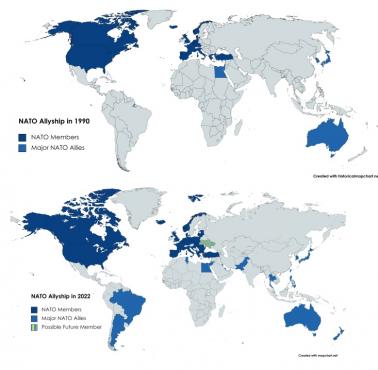 NATO w 1990 i 2022 roku, w tym sojusznicy