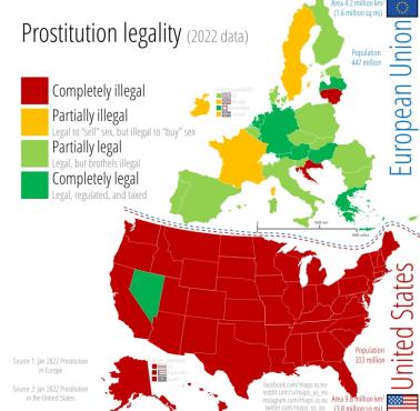 Legalność prostytucji w USA i Unii, dane z 2022 r.