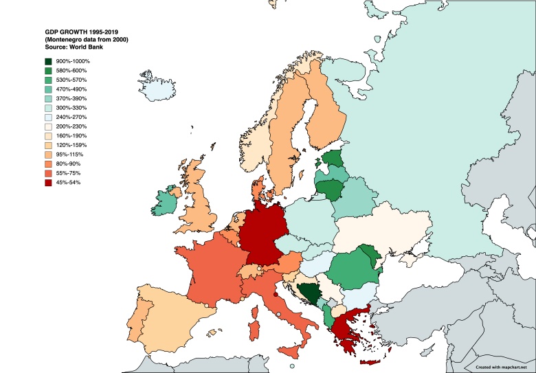 Wzrost PKB w poszczególnych europejskich państwach w latach 1995-2019