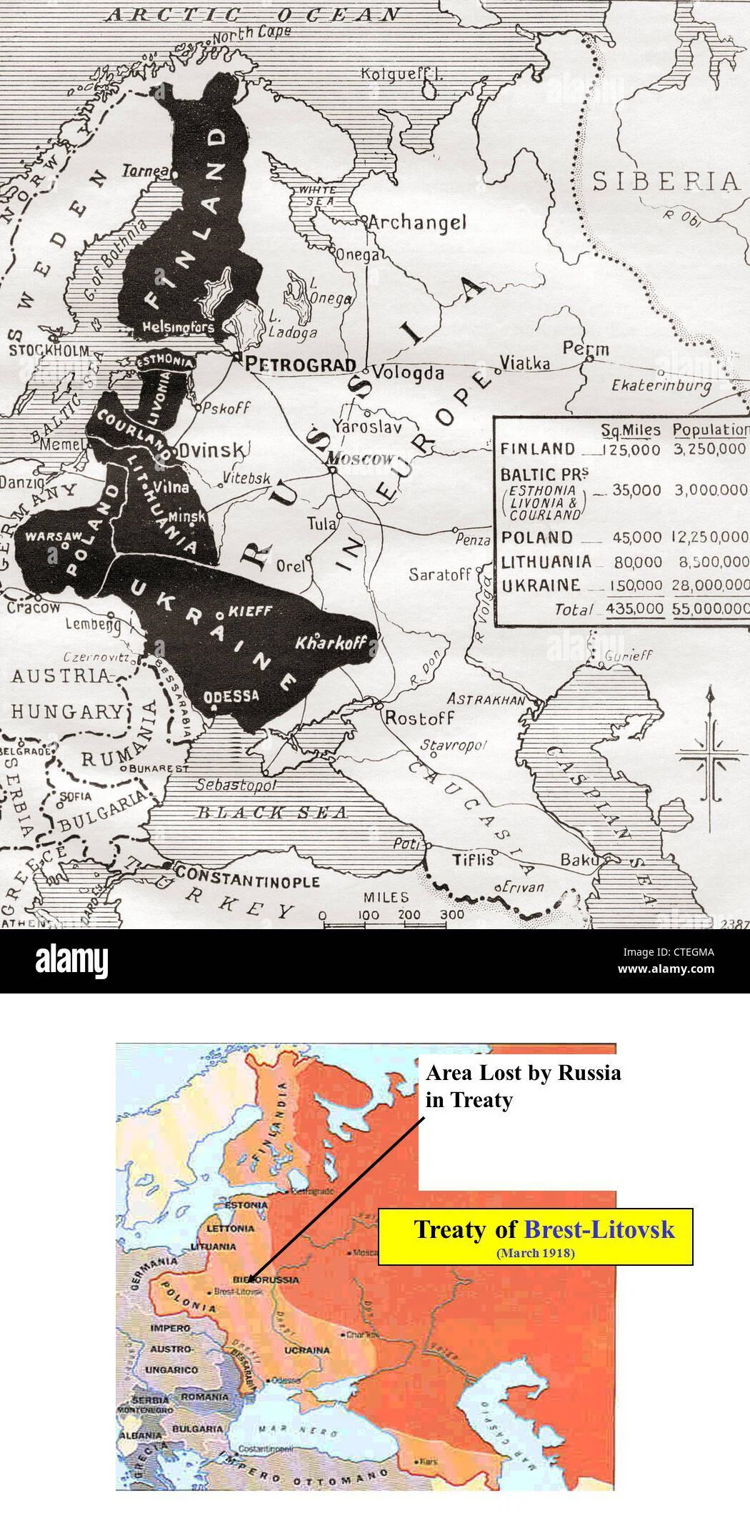 Granice powojennej Europy Wschodniej w wyniku podpisanego traktatu brzeskiego w 1918 roku (3 marca)