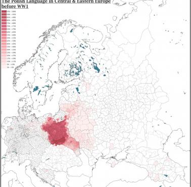 Występowanie języka polskiego w Europie z podziałem na jednostki administracyjne przed I wojną światową