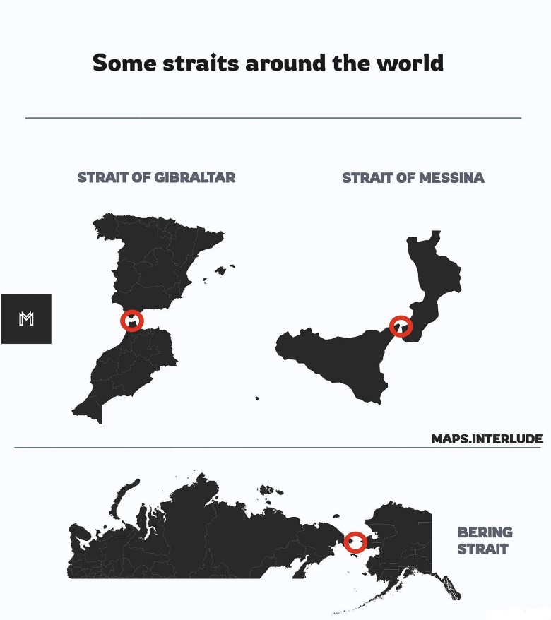 Niektóre cieśniny na całym świecie: Mesyńska, Gibraltar, Beringa