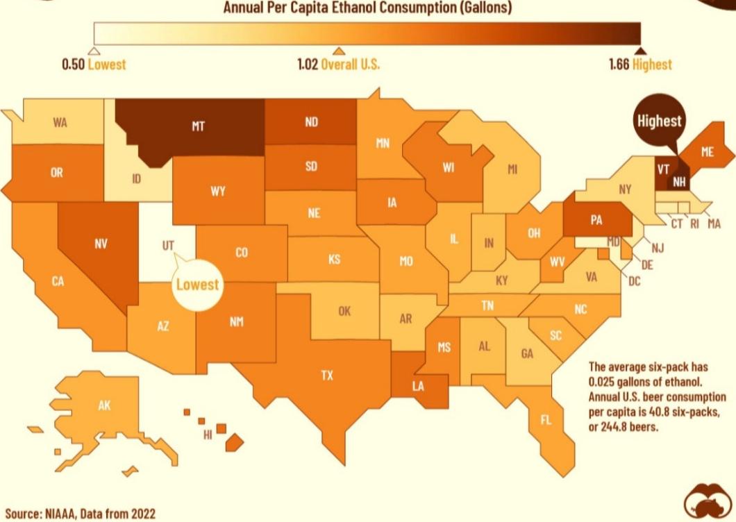 Spożycie alkoholu na głowę w poszczególnych stanach USA, 2022