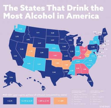 Spożycie alkoholu na głowę w poszczególnych stanach USA
