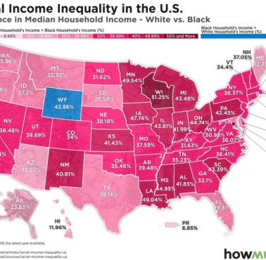 Mapa nierówności dochodowych między białymi i czarnymi obywatelami USA, 2018