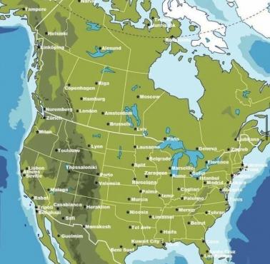 Miasta europejskie i Ameryki Północnej nałożone równoważną szerokością geograficzną