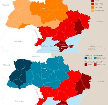 Poparcie w drugiej rundzie wyborów prezydenckich w 2010 roku dla Janukowycza i Tymoszenko