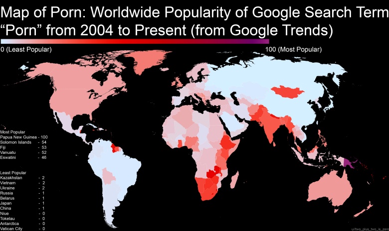 W których krajach najczęściej wyszkuje się słowo pornografia w Google?, od 2004 roku