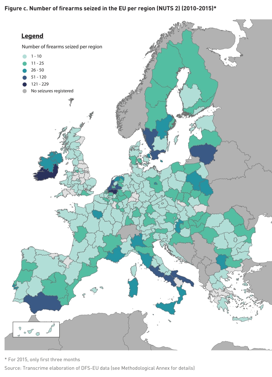 Liczba skonfiskowanej nielegalnej broni w Europie z podziałem na jednostki administracyjne, 2010-2015