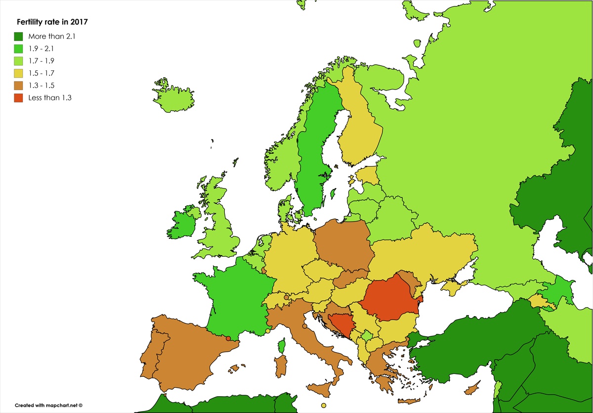 Dzietność w poszczególnych państwach europejskich w 2017 roku