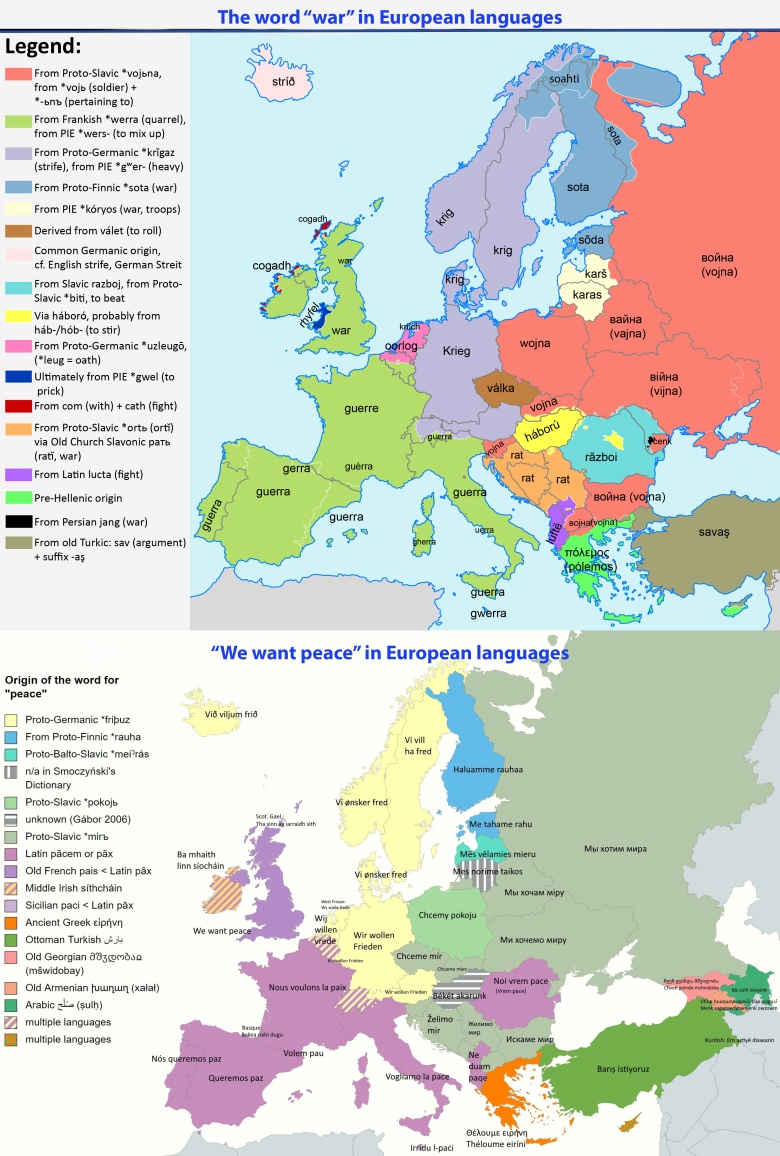 Słowa wojna i chcemy pokoju w różnych europejskich językach