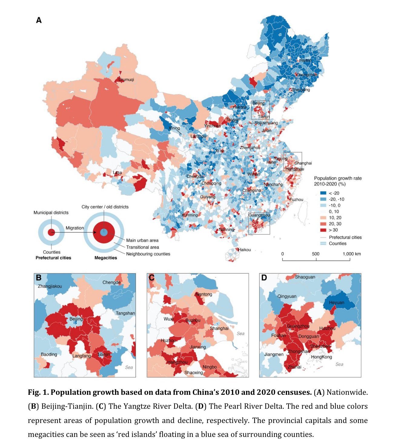 Wzrost liczby ludności w Chinach (z podziałem na jednostki administracyjne) w latach 2010-2020