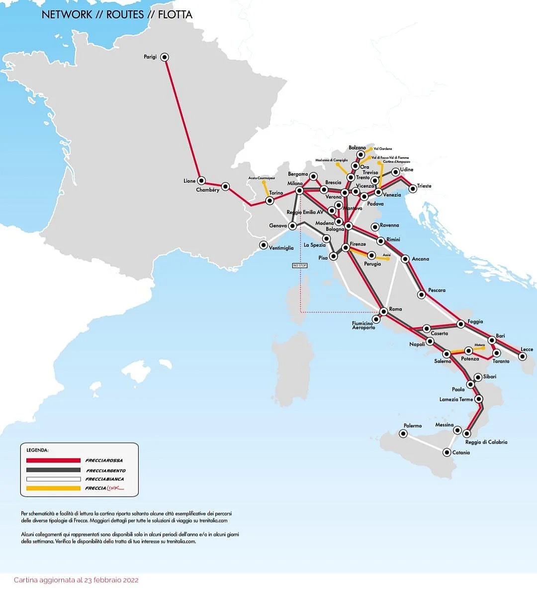 Planowa sieć kolei dużych prędkości i pociągi włoskiego operatora Trenitalia, luty 2022
