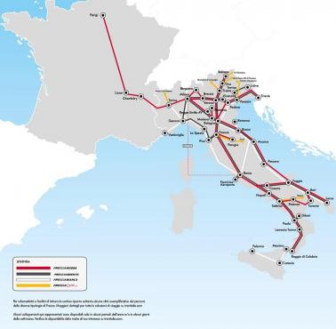 Planowa sieć kolei dużych prędkości i pociągi włoskiego operatora Trenitalia, luty 2022