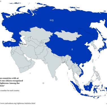 Liczba osób, która otrzymała w poszczególnych państwach Azji tytuł "Sprawiedliwego wśród Narodów Świata"