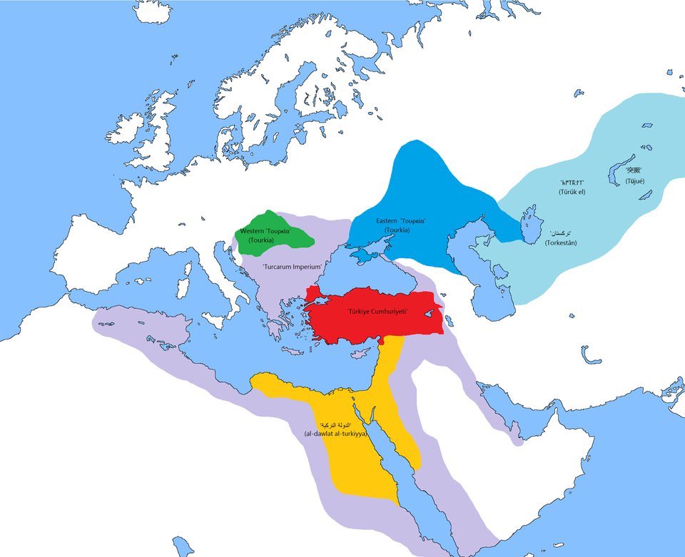 Mapa z obszarem, który historycznie odnosił się do terminu „Kraina Turków” (Turkiye)