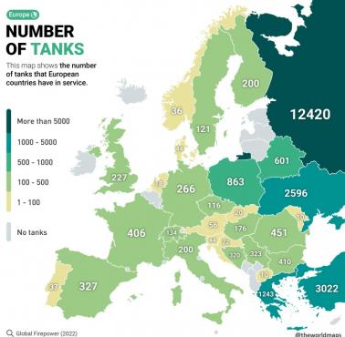 Mapa obrazująca ile czołgów bojowych mają poszczególne kraje europejskie bez podziału na nowoczesne i muzealne, 2022