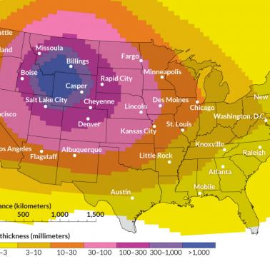 Możliwy rozkład popiołu z miesięcznej erupcji superwulkanu Yellowstone