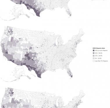 Odsetek Latynosów w USA z podziałem na hrabstwa w latach 1980-2020