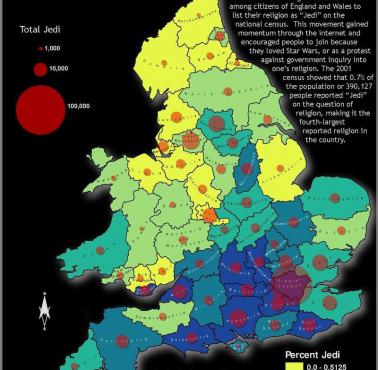 Odsetek wyznająca "religię" Jedi w Walii i Anglii według spisu z 2001 roku
