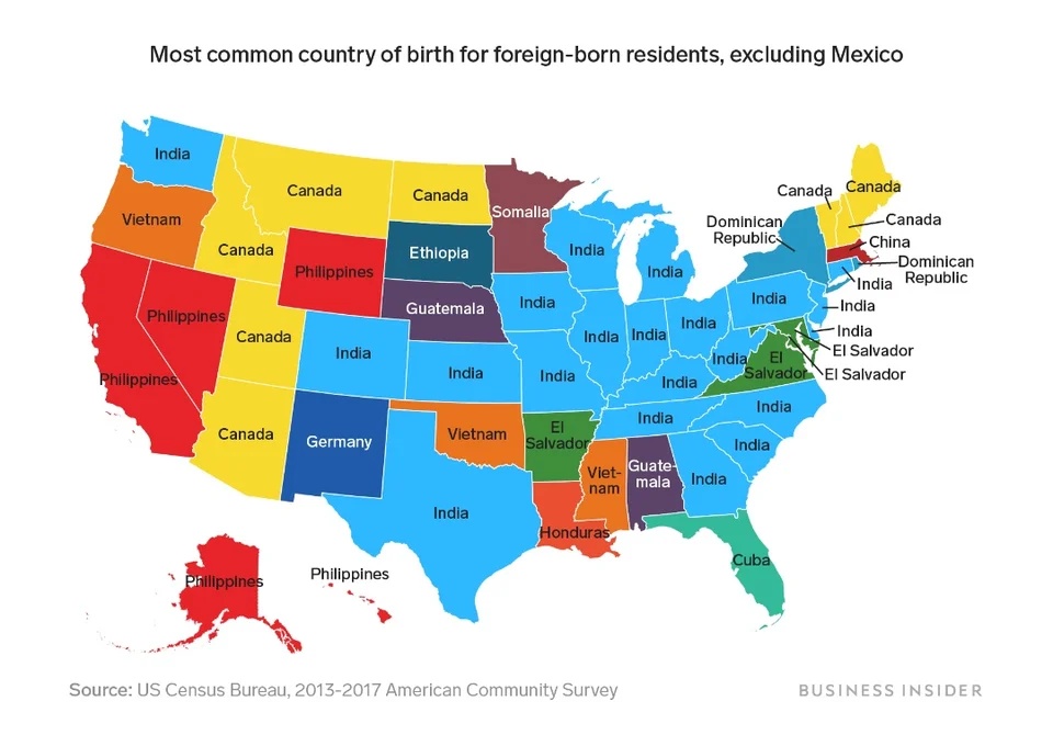 Najczęstszy kraj urodzenia imigrantów w poszczególnych stanach USA z wyjątkiem Meksyku, 2013-2017