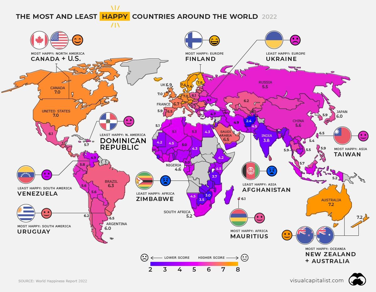 Poziom szczęścia w poszczególnych krajach świata, Global Happiness Levels, 2022