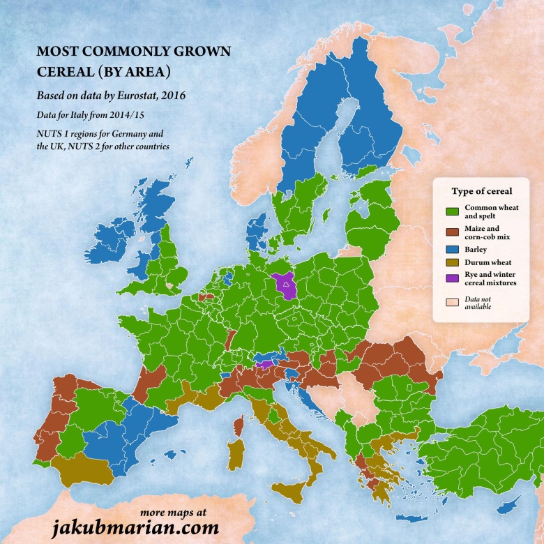 Najczęściej uprawiane zboża według regionu w Europie w 2016 roku