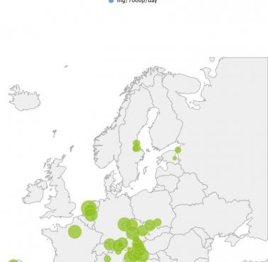 Mapa zawartości narkotyków w ściekach w Europe (mg/na 1000 mieszkańców/dzień)